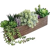 Winlyn 15" Assorted Artificial Succulent Arrangement Assorted Succulents in Rectangular Wooden Planter Faux Potted Plant for Farmhouse Table Centerpiece Windowsill Shelf Desk Mantel Greenery Décor
