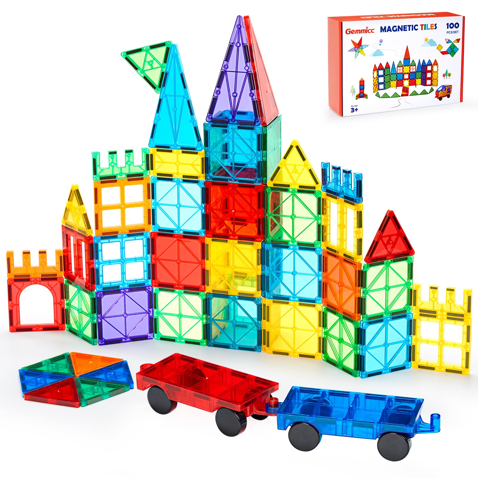 Gemmicc 100 PCS Magnetic Tiles with 2 Cars, STEM Approved Educational Magnet BuildingToys, Magnet Puzzles Stacking Blocks for Boys Girls