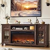SAVOR LIFE 70" Fireplace TV Stand with 36”Silent Electric Fireplace, Farmhouse Entertainment Center for TVs up to 80", 2 Drawers TV Console with Glass Door Cabinet, Walnut TVs Cabinet for Living Room
