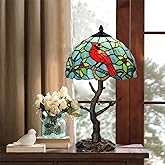 HomeBeauty TL0035 Tiffany Style Stained Glass Table Lamp, Cardinal Bird Desk Lamp with Branch Base, W 12" x OH 21", Great for