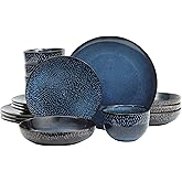 Gibson Elite Matisse 16-Piece Dinnerware Set – Double Bowl Reactive Glaze Cereamic Stoneware in Blue – Plates and Bowls Sets for 4, Microwave & Dishwasher Safe, Rustic Modern Design