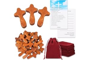 Queekay 50 Set Small Wooden Crosses in Bulk Hand Held Prayer Pocket Comfort Crosses with Velvet Pouch and Prayer Cards Jerusalem Christian Church Gifts 2.56'' Mini Holding Crucifix for Christmas