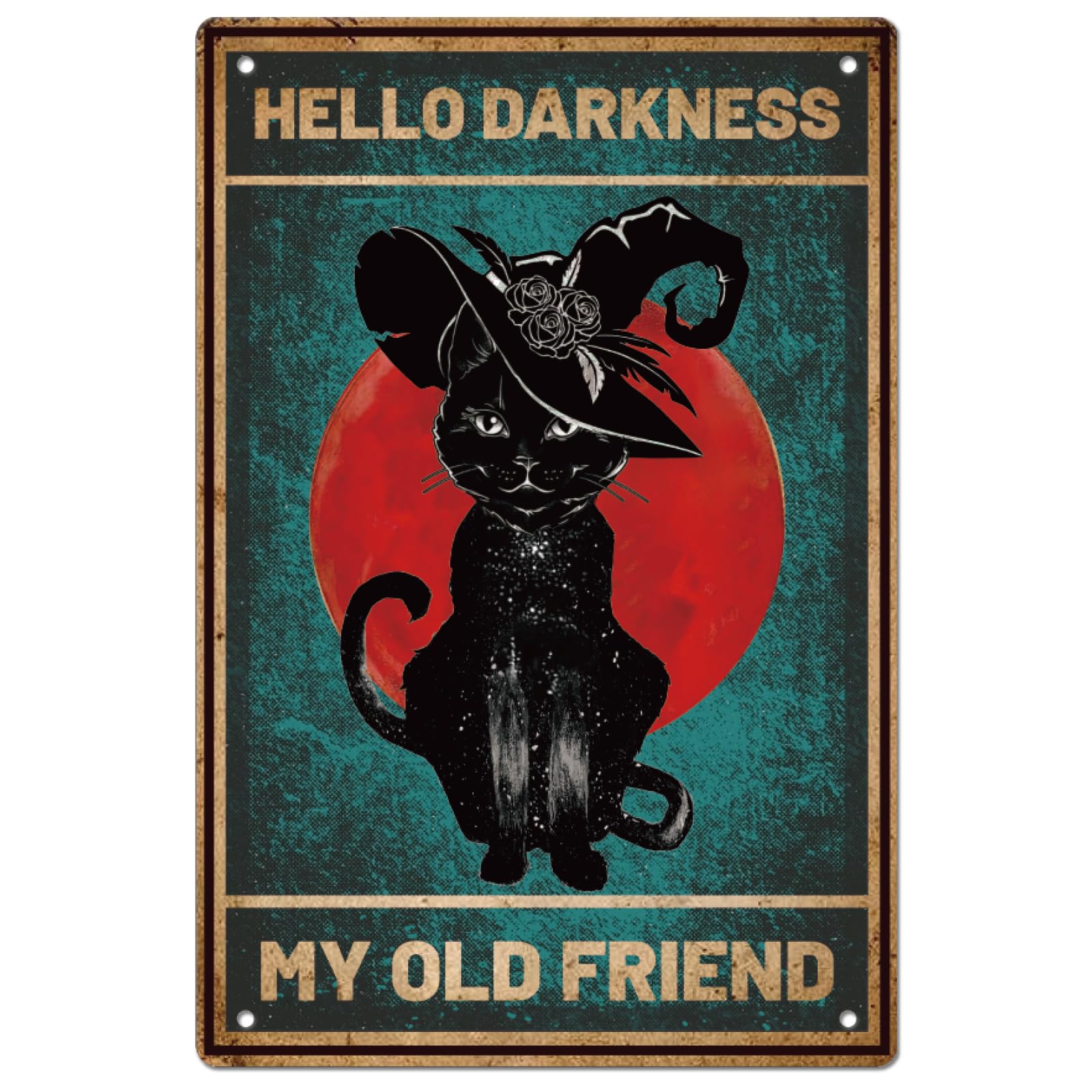 SUPERDANT Cat Witch Metal Signs Hello Darkness My Old Friend Tin Sign Black Cat Wall Plaque Funny Signs and Plaque Witch Metal Wall Art for Man Cave Bar Pub Garden Decor