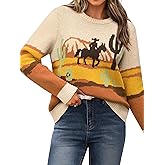 MYMORE Women's Western Cowgirl Knitted Sweater Long Sleeve Vintage Cowboy Print Color Block Crewneck Pullover Sweaters