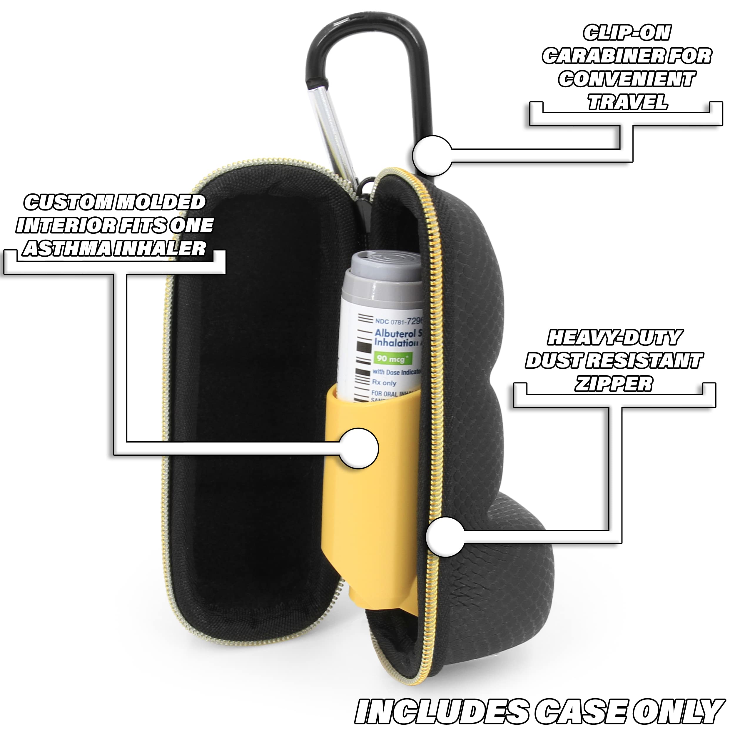 CASEMATIX Asthma Inhaler Case with Lanyard and Clip On Keychain Carabiner, Inhaler Holder Extended to Fit Standard Rescue and New Albuterol Inhaler Devices up to 4 Inches - Includes Asthma Case Only