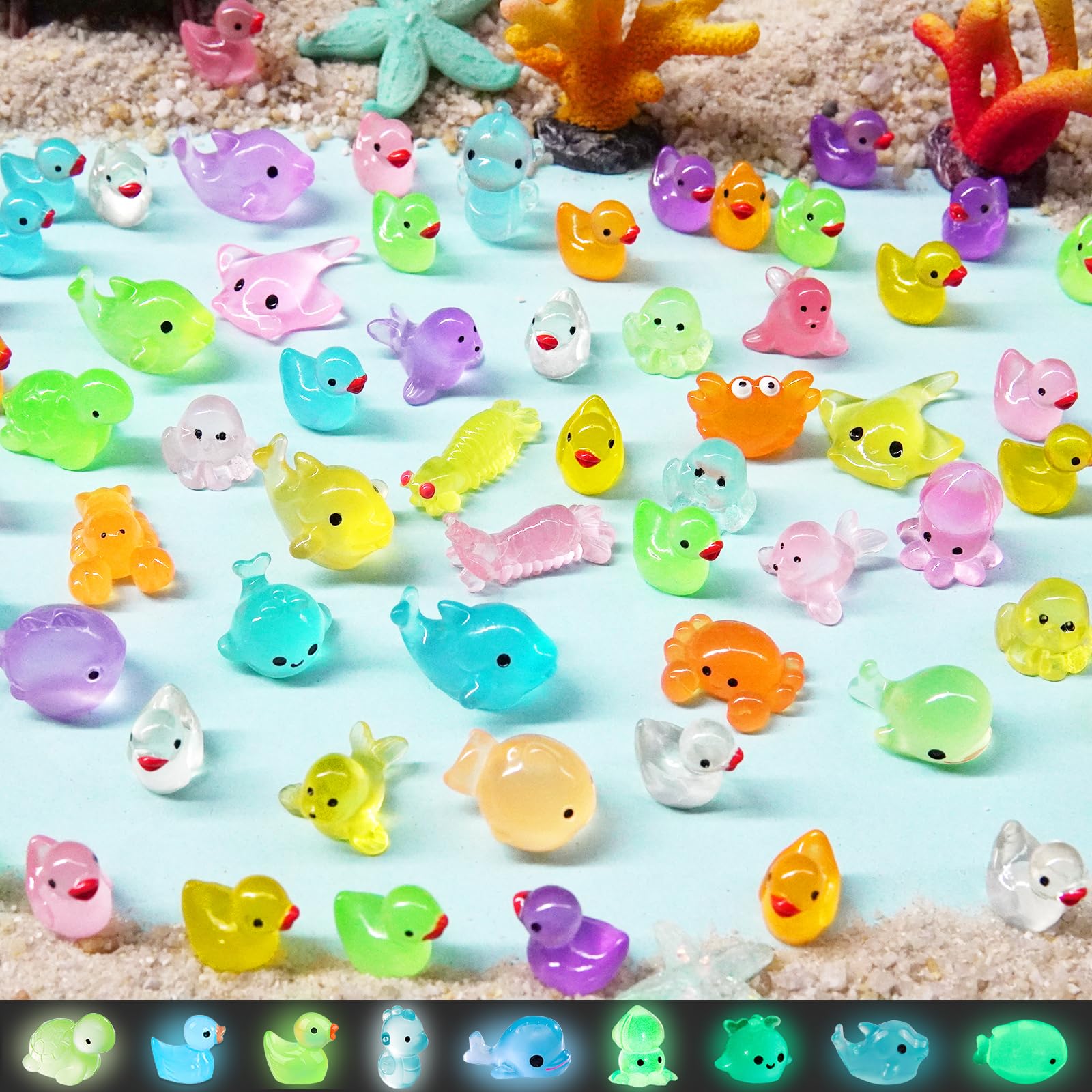 Photo 1 of 100Pcs Luminous Mini Duck with Ocean Animals, Tiny Resin Figurines Glow in The Dark for Prank Garden Micro Landscape Dollhouse Decor Craft, 70pcs Ducks with 30pcs Sea Animals