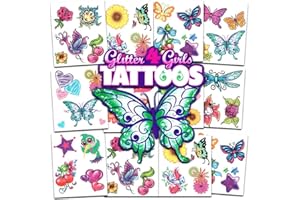 Crenstone Glitter Tattoos for Girls ~ 50 Dazzling Designs ~ Butterflies Tattoos, Hearts, Flowers, and More Waterproof Temporary Tattoos for Birthday Party Favors Goodie Bags Fillers