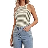 Ziesexy Striped Shirt Women Ribbed Tank Tops for Women High Neck Tops Racerback Sleveless Summer Casual Slim Fitted Tank