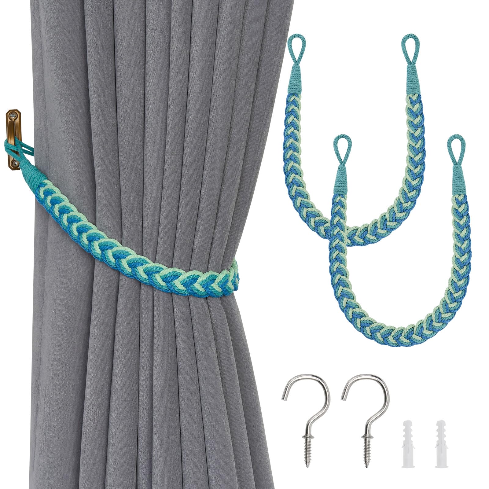Pretty Jolly 2 Pack Natural Cotton Rope Curtain Tiebacks Elegant Boho Style Decorative Drape Tie Backs Soft Hand-Woven Rope Curtain Holdbacks with Metal Hook for Home Office Drapery (Gradient Blue)