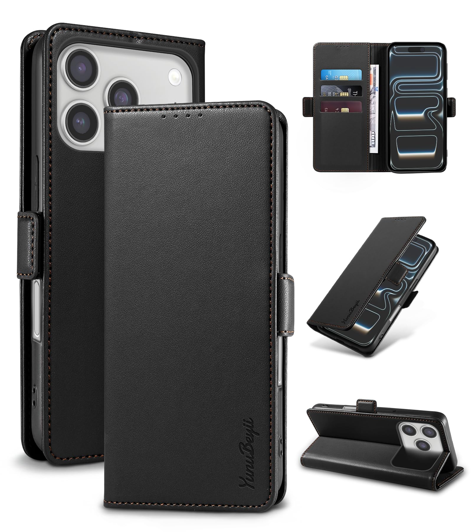 Yunubeyii Wallet Flip Case for iPhone 17 Pro 5G - [RFID Blocking] Luxury PU Leather Card Holder Magnetic Phone Cover with Kickstand,Shockproof Protective Case,Black