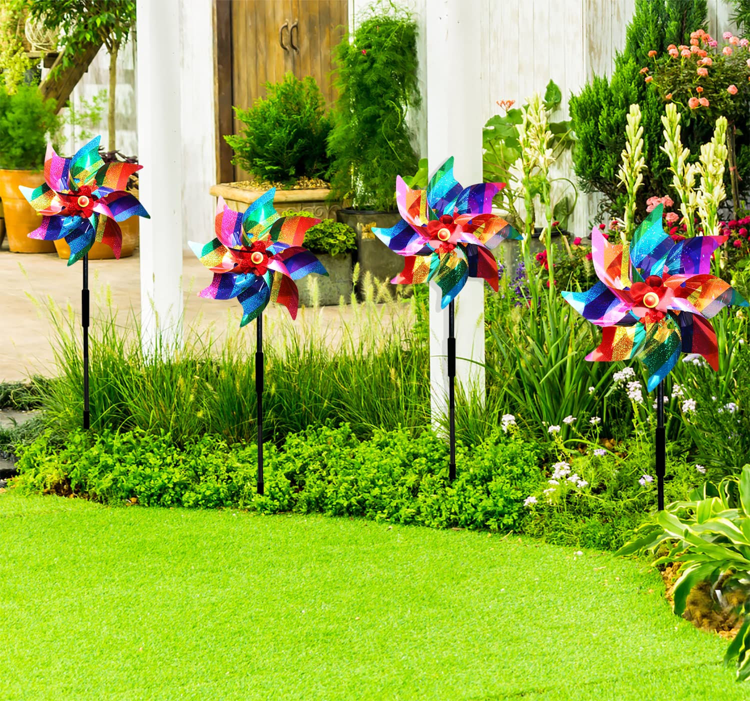 8PCS Bird Scarers Windmills For Garden,Multicolour Reflective Bird Deterrent Windmill Pigeon Deterrent Windmills for Garden Windmills for Children (8PCS Color stripe windmill)