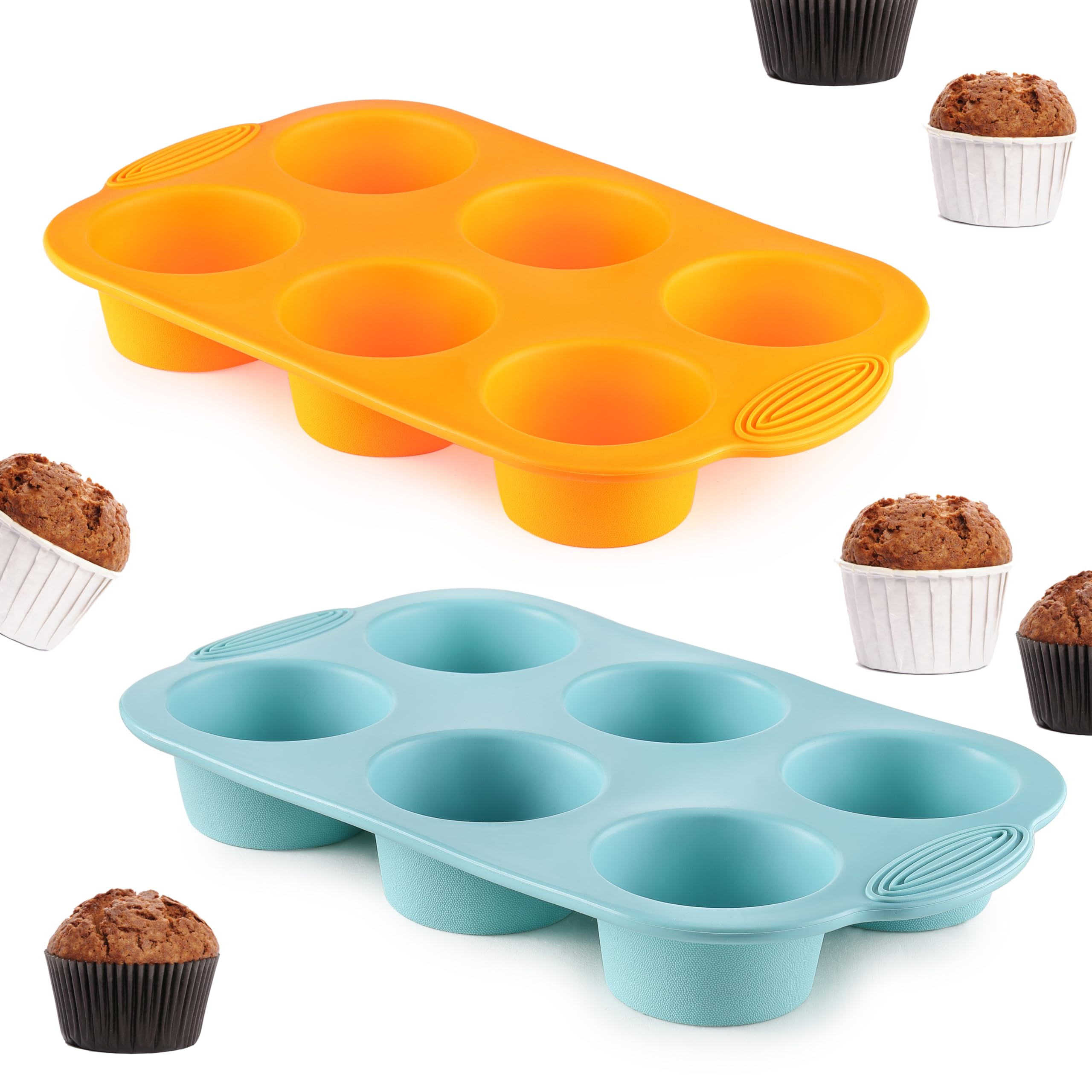 Photo 1 of 2PCS Silicone Muffin Cupcake Pan Molds, Ohola 6-Cavity Nonstick Silicone Muffin Pans for baking, Perfect for Cupcakes, Muffin, Brownies and More, BPA Free, 2 Pack (Orange and Peacock Blue)