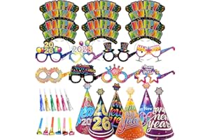 LECONCES Colorful New Years Eve Party Supplies 2026, Happy New Year Favors-New Year Headwear Eyeglasses New Year Top Hats, Party Blowers, 2026 New Year Decorations Kit for New Year's Eve Party