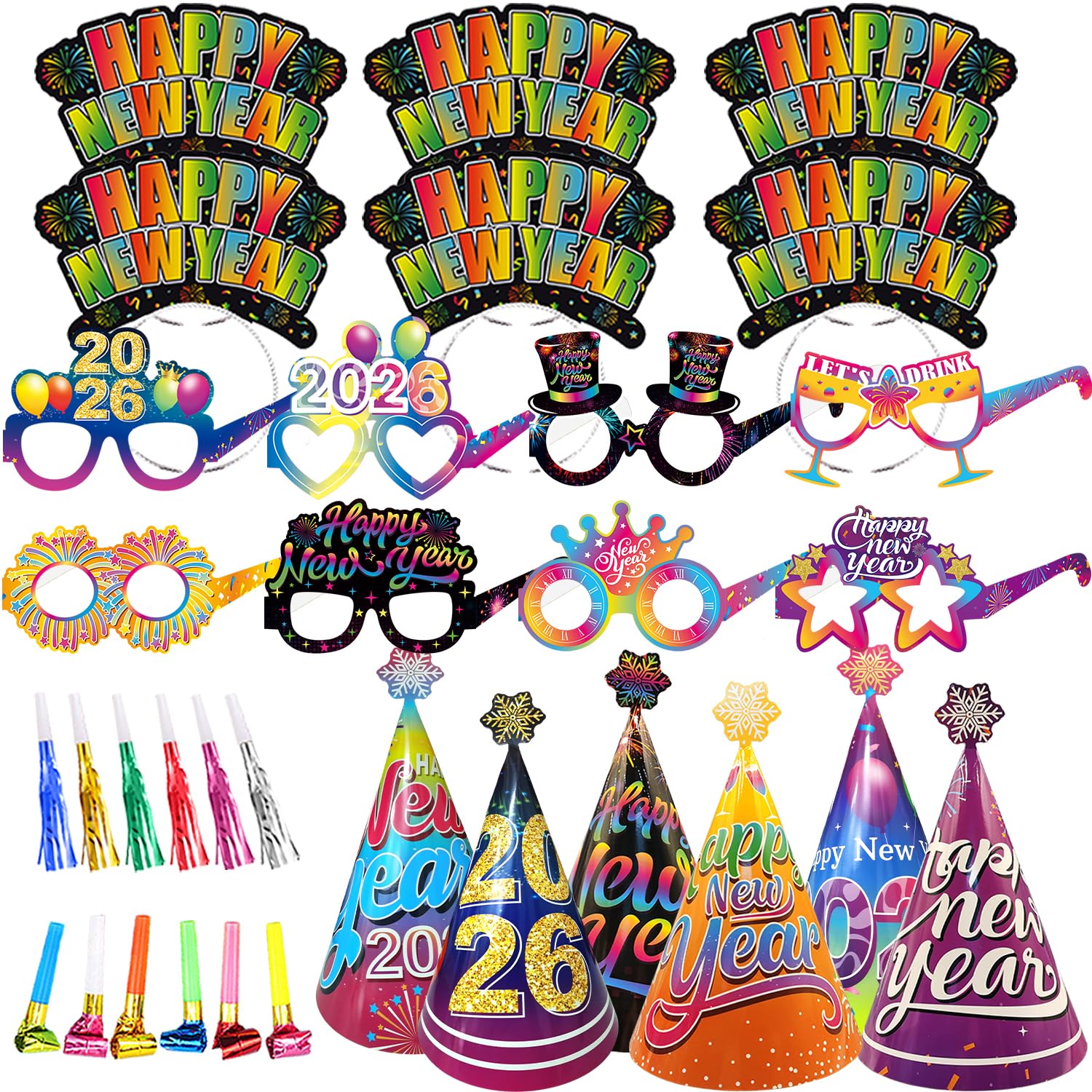 LECONCES Rainbow New Years Eve Decorations 2026, Happy New Years Decorations 2026,New Year Party Hats Headband Glasses Party Blowers for New Year's Eve