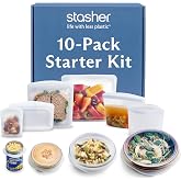 Stasher Reusable Silicone Bags and Stretch Lids, 10-Pack Starter Kit, Clear | Food-Safe Silicone, Eco-Friendly, Reusable Free