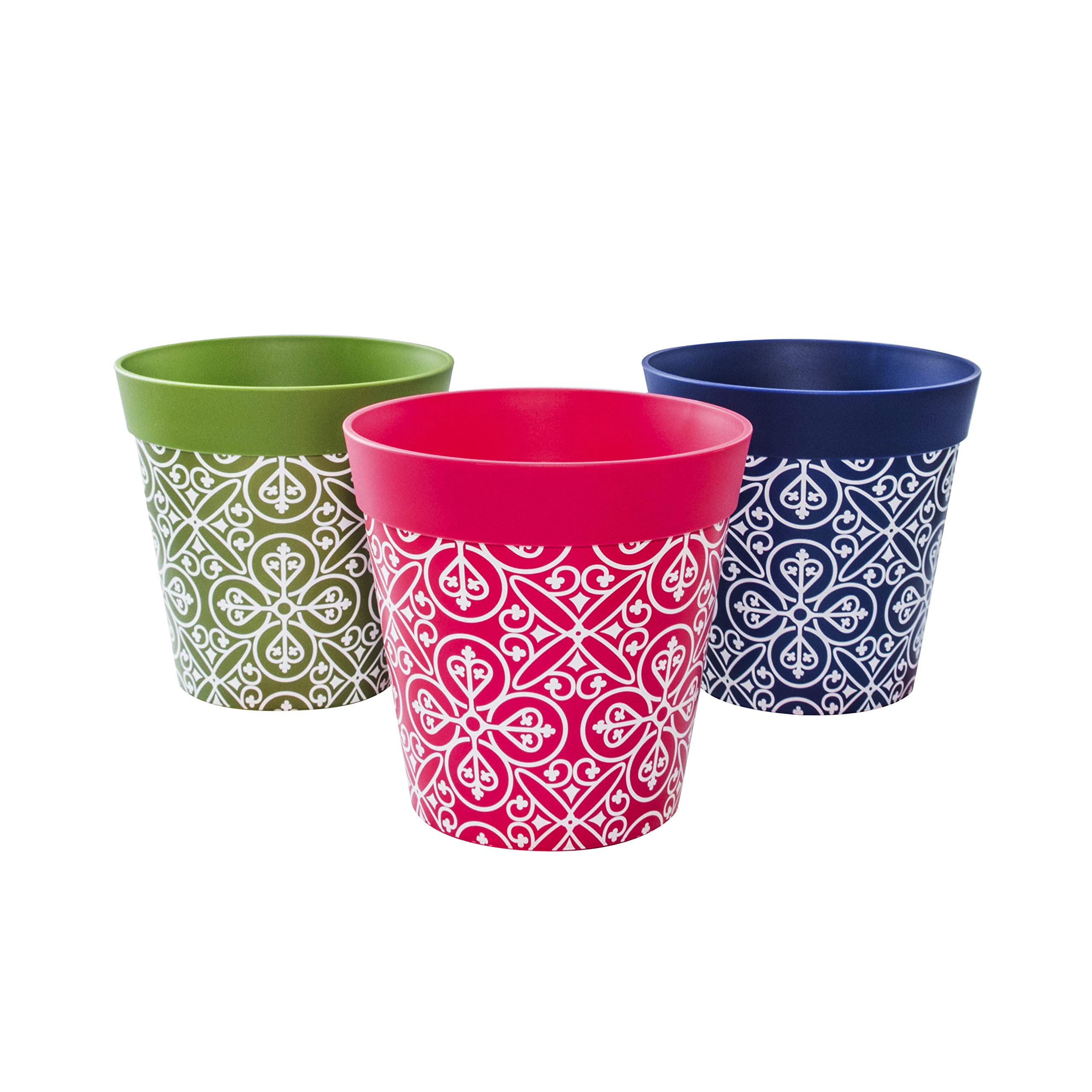 Hum Flowerpots, 15cm Set of 3, Various Patterns Colours and Sizes, Indoor/Outdoor Plastic Plant Pots, Green, Pink, Blue Maroc