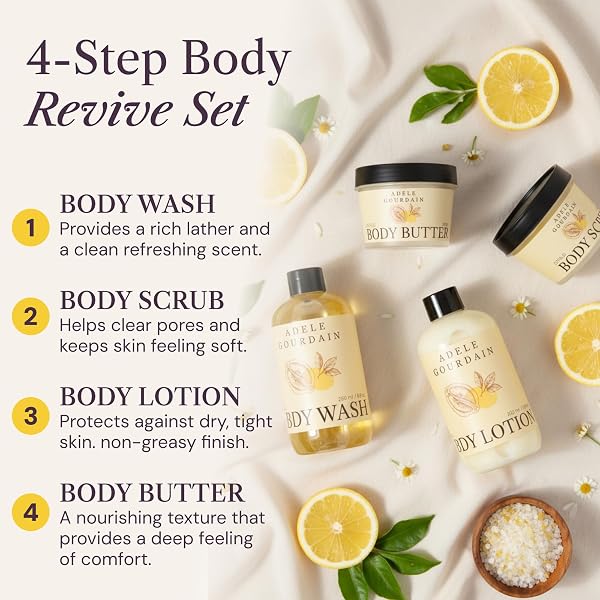 ADELEGOURDAIN SELF CARE KIT WOMAN – 4PCS CITRUS SCENT – BATH AND BODY CARE GIFT BASKET FOR WOMEN – PERSONAL CARE SPA CARE PACKAGE WITH BODY WASH, LOTION, SCRUB & BUTTER, MOTHER’S DAYS GIFTS FOR HER