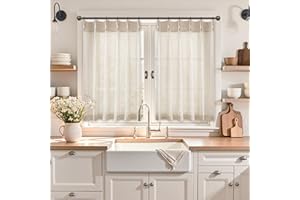 Fuhana Linen Kitchen Curtains,20 Inch Length Light Filtering Sheer Short Cafe Window Curtains Tier,Pinch Pleated Small Kitchen Drapes for Windows,2 Panels,(24" W x 20" L Natural)