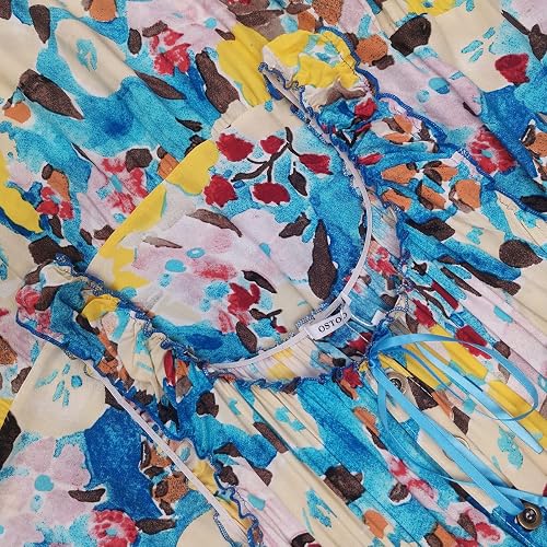 OSTOO Women's Boho Floral Maxi Dress - Tiered Long Dress, Sleeveless, Blue Flower Print