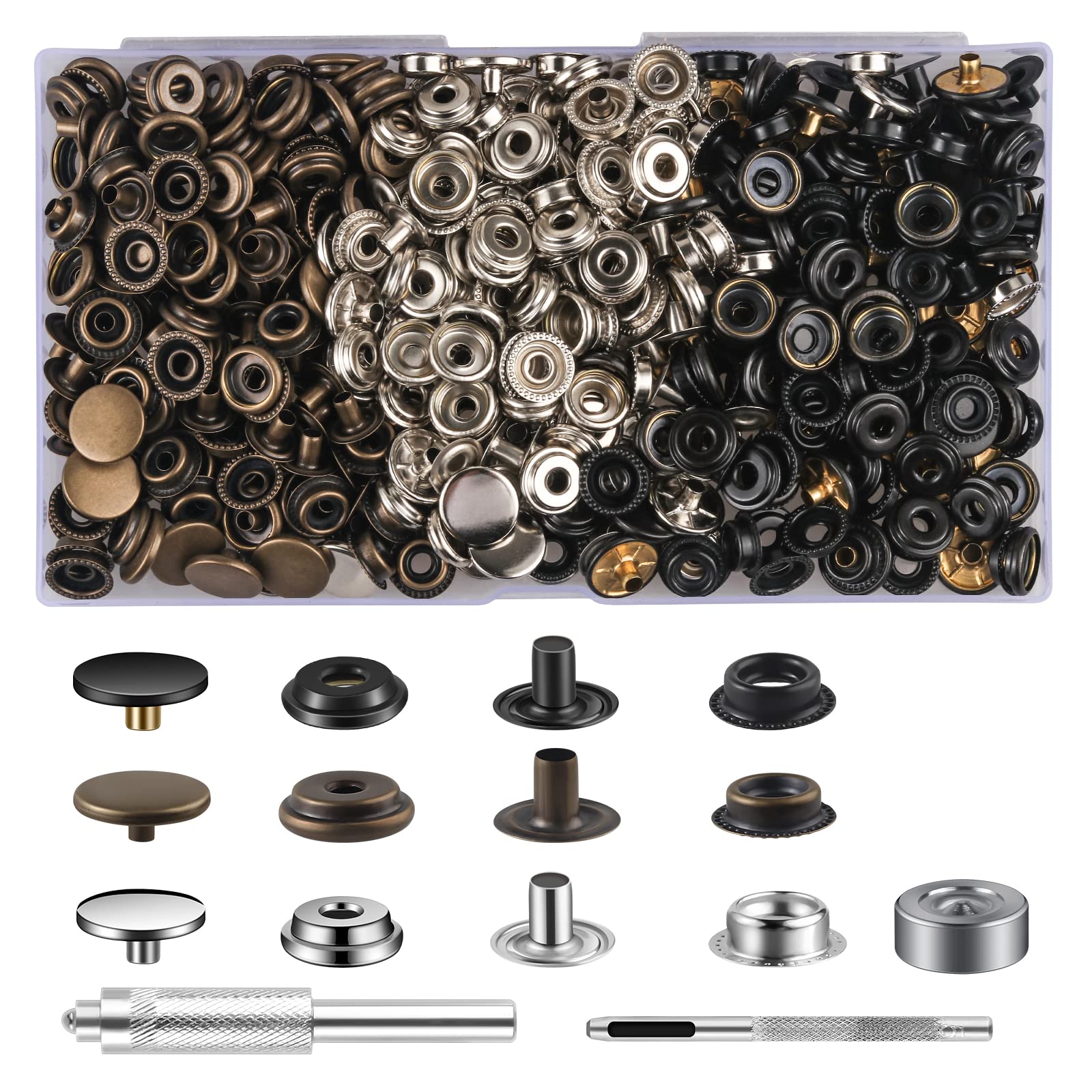 105 Sets Press Studs Cap Button, MSDADA Stainless Steel Snap Fasteners Kit with Hand Fixing Tools, Instant Metal Buttons No-Sew Clips Snap for Bags, Jeans, Clothes, Fabric(Bronze+Silver+Black)