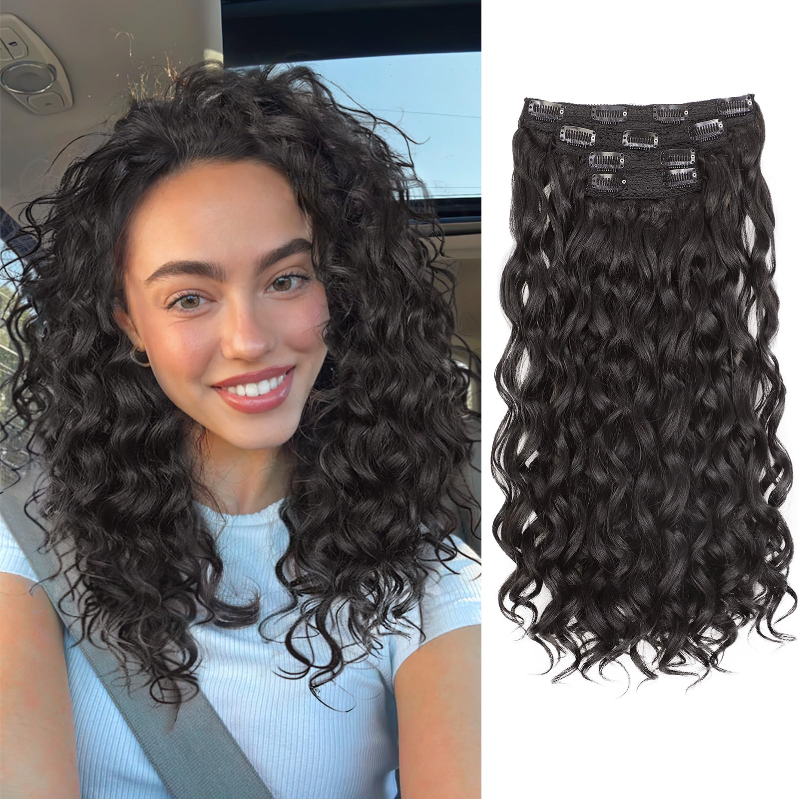 Photo 1 of 18 Inch Curly Wavy Clip in Hair Extensions 4PCS,QGZ Heat-Stylable Synthetic Lace Weft Extensions for Women, Black Brown for Daily & Party Wear