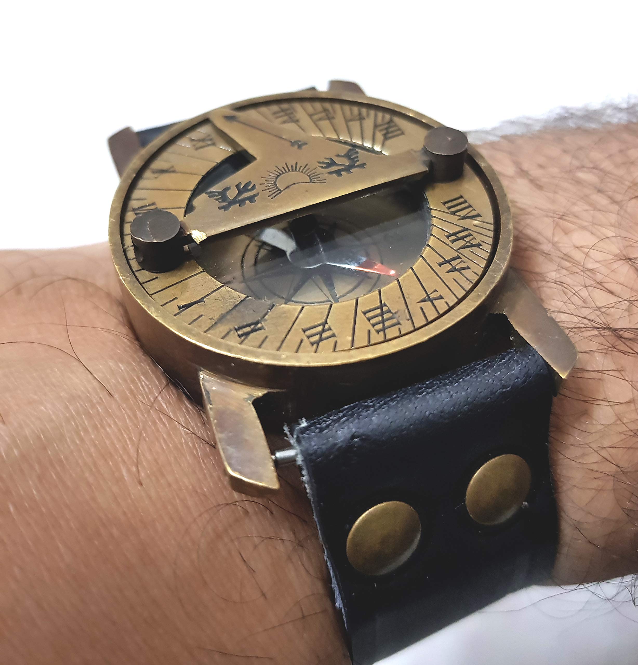 Maritime Steampunk Sundial Brass Compass Wrist Watch Antique Navigation Leather Bracelet, Black