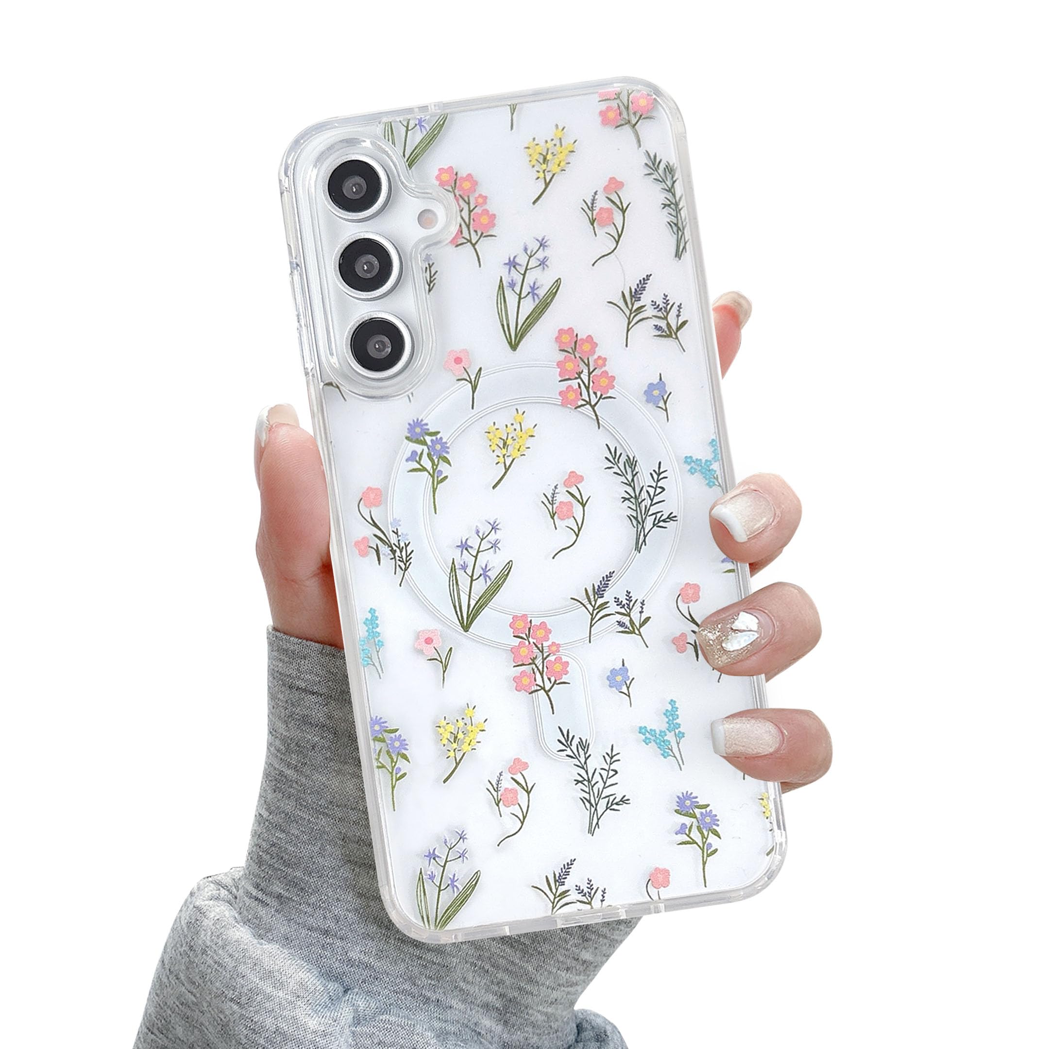 QLTYPRI for Samsung Galaxy A35 5G/A55 5G Case, Compatible with Magsafe, Aesthetic Cute Floral Flower Phone Case, Clear Anti -Yellowing Shockproof Magnetic Phone Cover for Women Girls - Colorful
