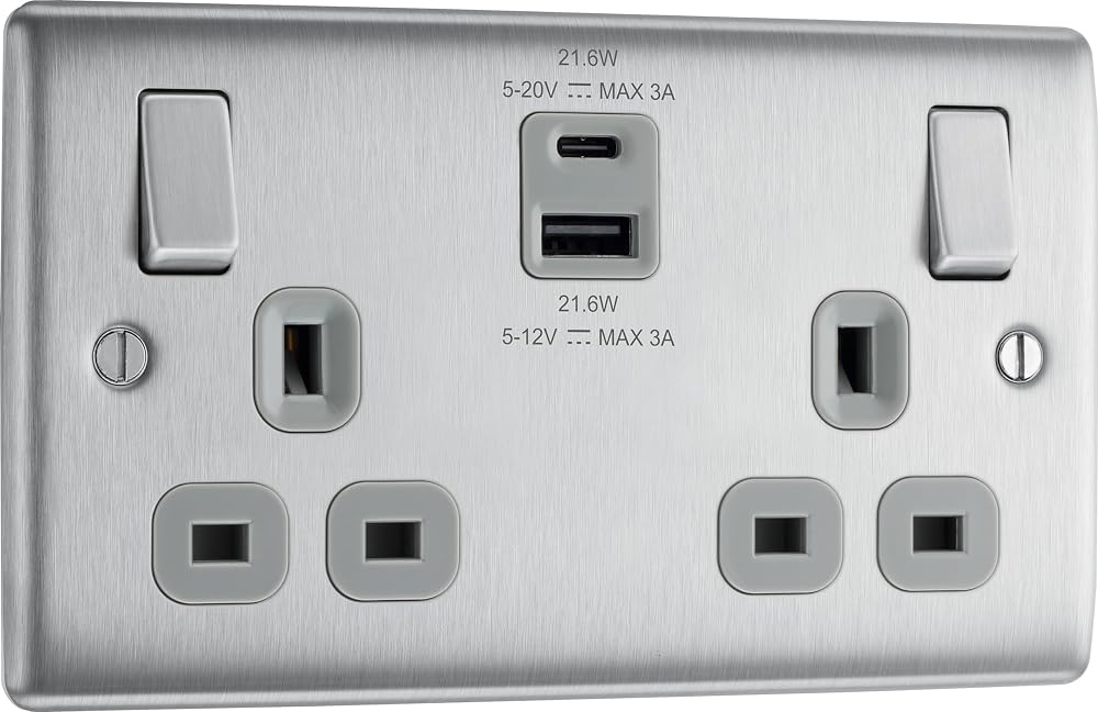 BG Electrical 22W Double USB Wall Socket Nexus Brushed Steel Grey 13A