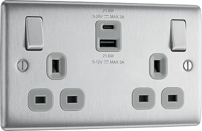 BG Electrical 22W Double USB Wall Socket Nexus Brushed Steel Grey 13A