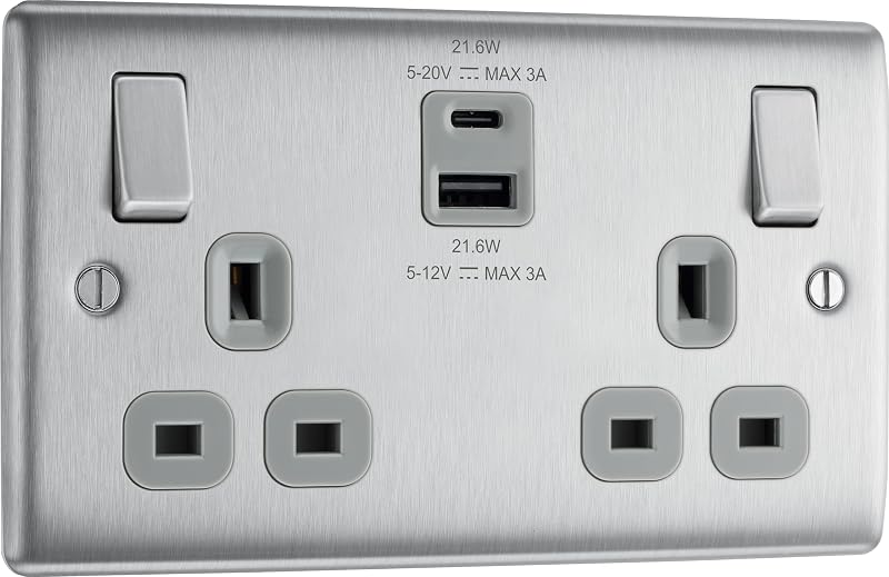 BG Electrical 22W Double USB Wall Socket Nexus Brushed Steel Grey 13A