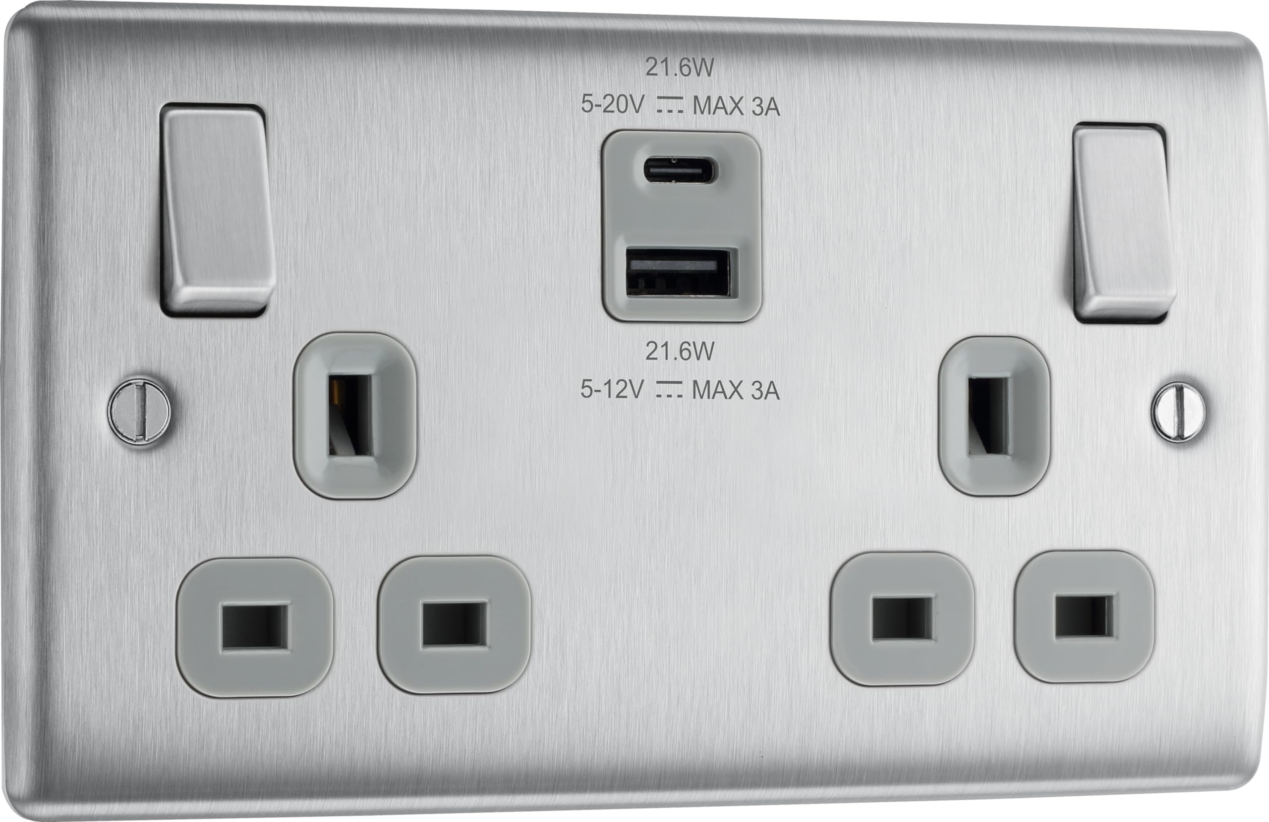 BG Electrical 22W Double Switched Wall Plug Socket with Fast Charge Type A & C USB Charging Ports, Nexus Metal, Brushed Steel, Grey Inserts, 13A, NBS22UAC22G