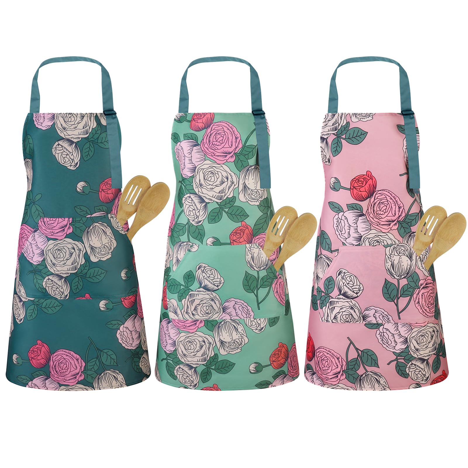 Candcamp 3 Pcs Floral Aprons for Women, Adjustable Aprons with 2 Pockets for Cooking Gardening Housework BBQ