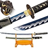 eroton- Full Handmade Real Japanese Samurai Katana Sword 1045/1060/1095/T10High Carbon Steel Heat Tempered/Clay Tempered, Dragon Tsuba,Full Tang,Functional Sharp, Razor Sharp,Battle Ready(2.7ib)…