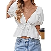 Remidoo Women's Sexy Deep V Neck Peplum Tops Ruffle Hem Puff Short Sleeve Crop Top Blouse