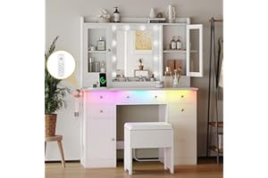 XIXINI Makeup Vanity Desk with Mirror and Lights, White Vanity Table Set with Storage Drawers, Charging Station, Cabinets & Chair, Large Dressing Table with RGB Ambient Light for Women Girls Bedroom Bathroom