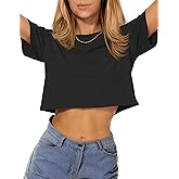 Womens Summer Crop Tops Short Sleeve Round Neck T-Shirts Loose Fit Casual Blouse