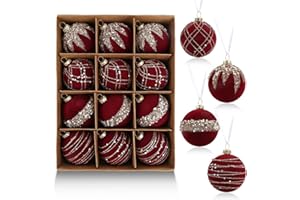 IPOPU 12pcs 2.36" Velvet Glitter Christmas Balls Burgundy Christmas Ornaments Xmas Tree Ball Ornaments Xmas Balls Set for Holiday Wedding Party Centerpiece Decor(Burgundy)