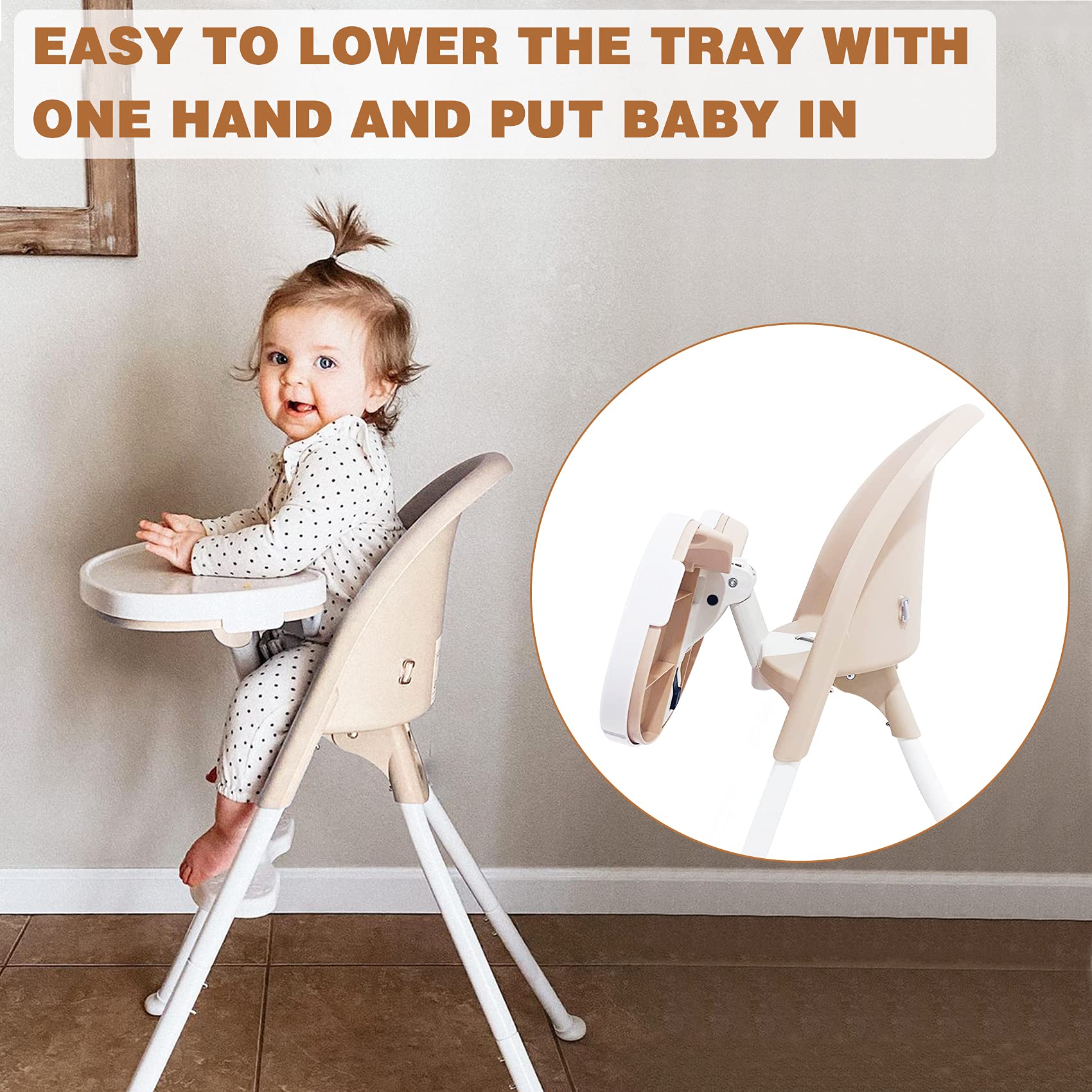 FUNNY SUPPLY 3-in-1 Cute Folding High Chair, High Chairs for Babies and Toddlers, Modern Space Saving Highchair with Removable Double Tray, Easy to Clean, Light Weight Baby Feeding Chair, Cream