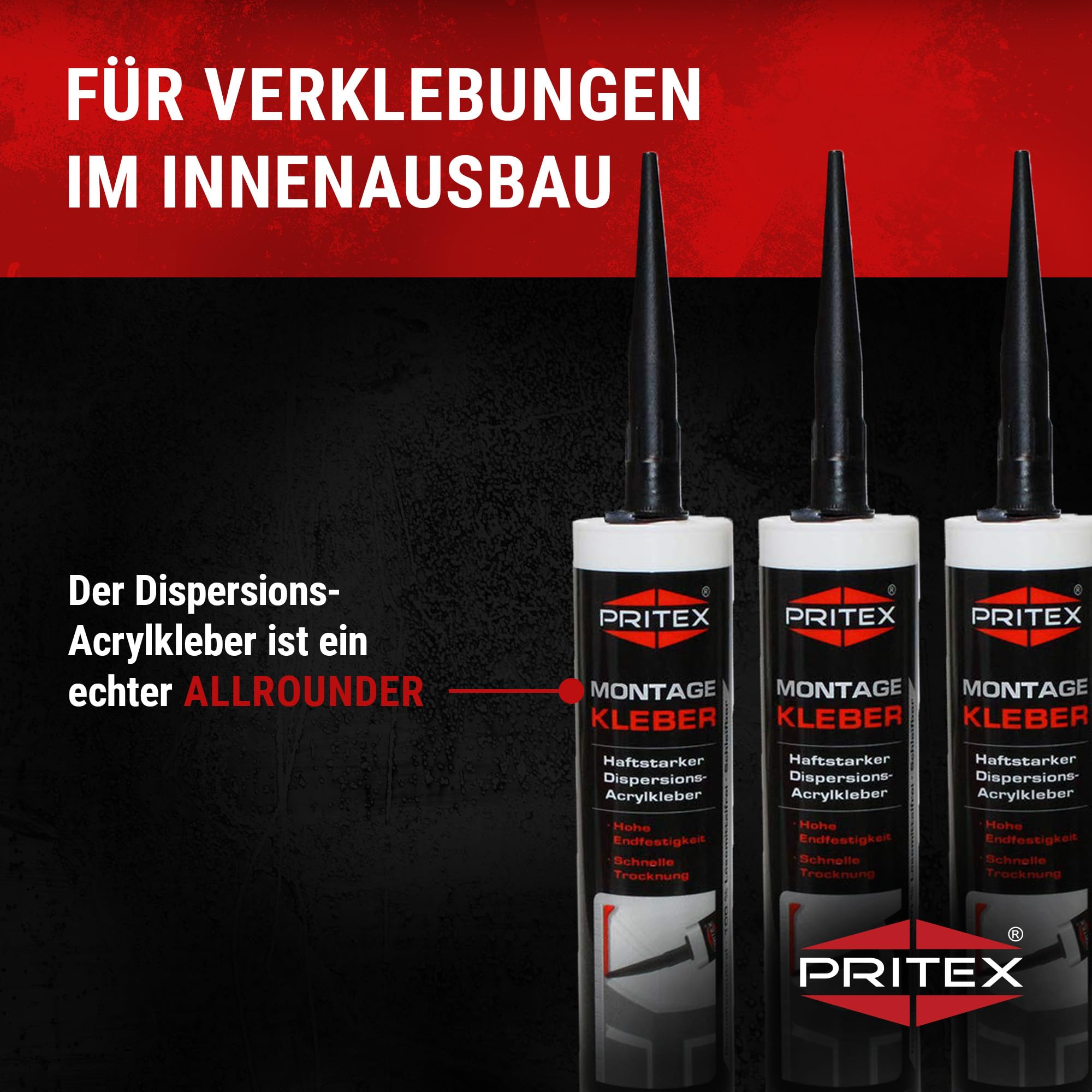 PRITEX – Profi Montagekleber Weiß 10x 300 ml – Baukleber für Holz-Paneele, Kabelkanäle, Sockelleisten, Styropor, Fliesen, Beton uvm. – haftstarker Universalkleber auf Acrylatdispersion-Basis für innen 3
