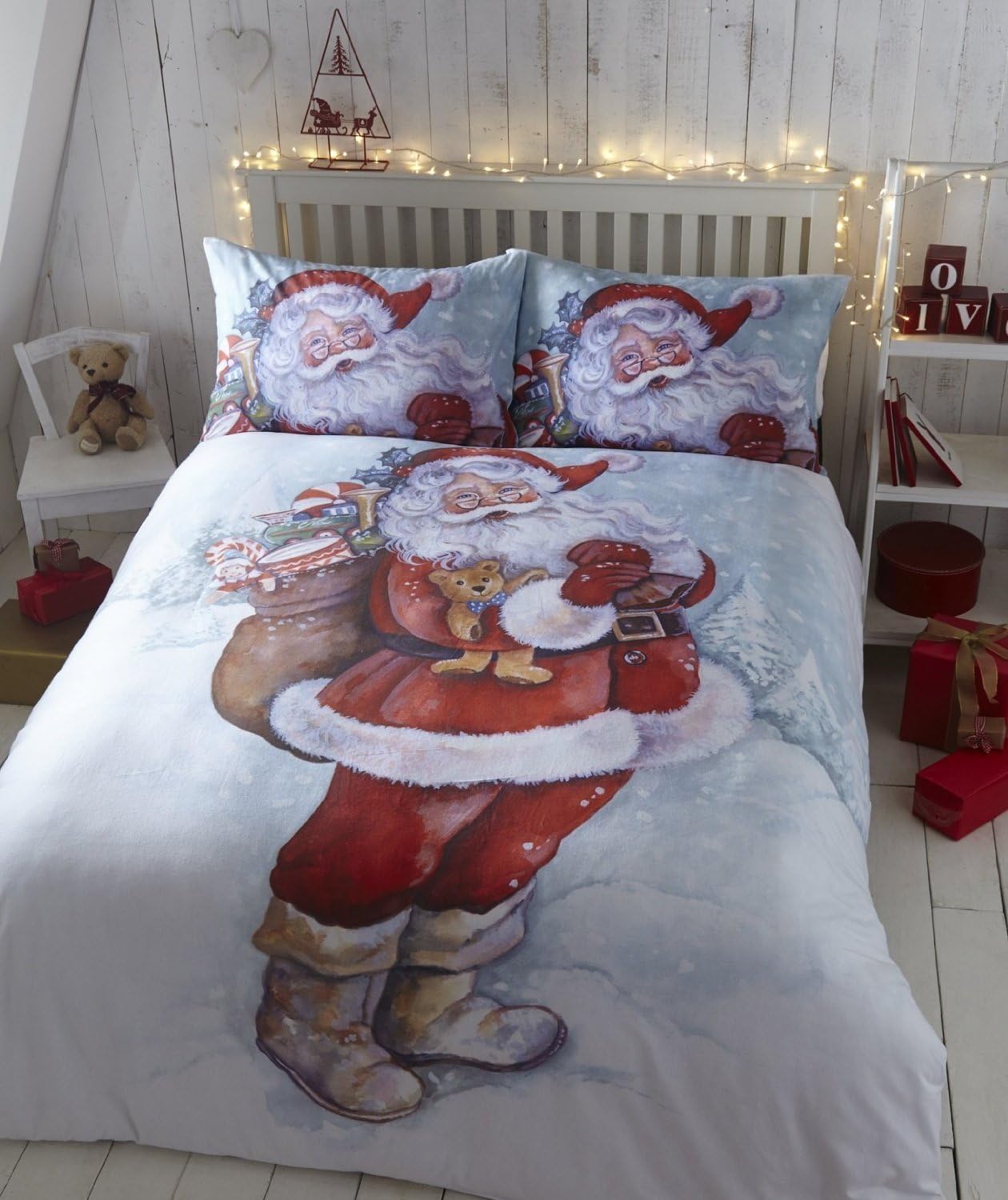 Father Christmas Flannelette Single Quilt Duvet Cover and Pillowcase Bedding Set Xmas, Red