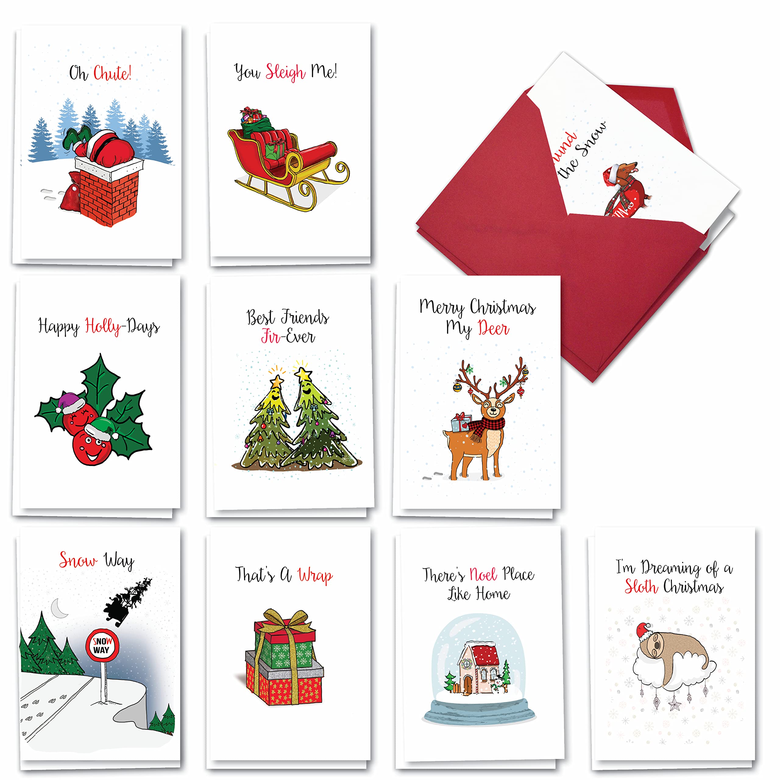 NobleWorks - 20 Funny Christmas Cards Assorted (10 Designs, 2 Each) - Boxed Adult Christmas Greetings, Bulk Holiday Notecard Humor - Punny Holidays AC7122XSG-B2x10