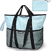 PASMAN Large Beach Bag with Zipper-8 Pockets Sandproof Beach Tote Bag for Women,Foldable Lightweight Family Swim Bag Vacation