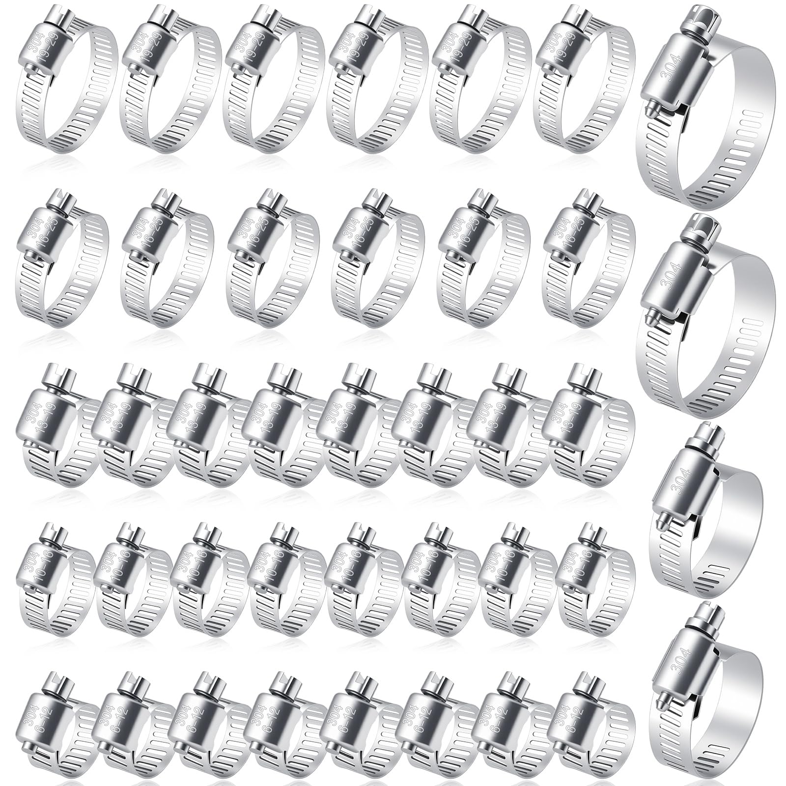 Selizo 40Pcs Hose Clamp Including 7 Sizes Adjustable Pipe Tube Clamps 304 Stainless Steel Hose Clips
