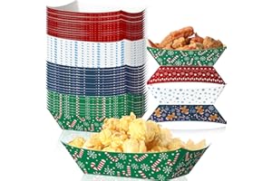 Fulmoon 100 PC Christmas Food Trays Christmas Paper Food Trays 2lb Serving Boat Disposable, Taco Boats, Hot Dog Paper Containers Party Supplies(4 Styles)