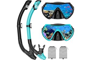 JWINTEE Snorkeling Gear for Adults, Adult Snorkel Mask Set Scuba Diving Dry-Top, Swimming Goggles w/Nose Cover, HD Tempered Glass Panoramic Anti-Leak Anti-Fog, Travel Snorkeling Packages Storage Bag, 2 Pack