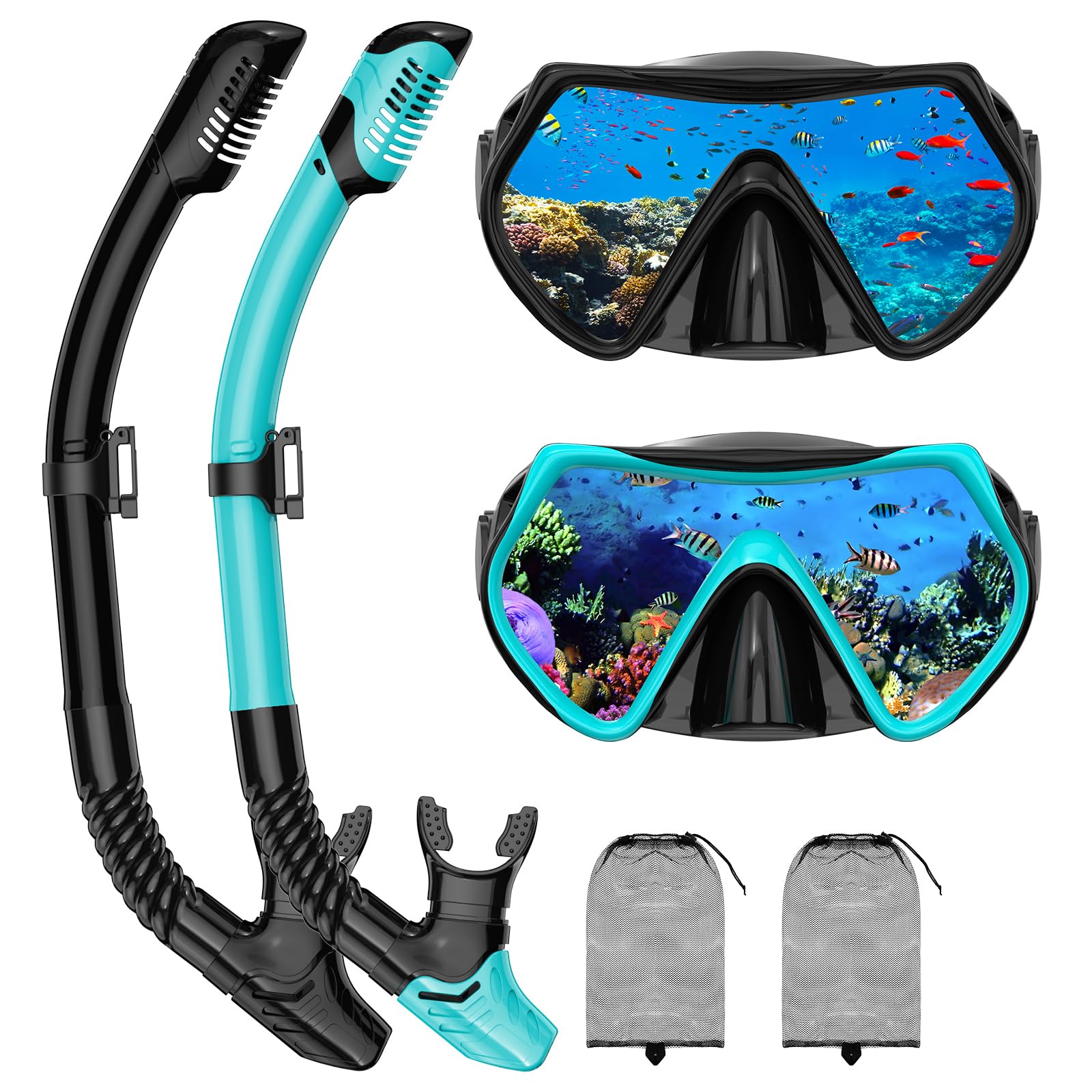 Photo 1 of Snorkeling Gear for Adults, Adult Snorkel Mask Set Scuba Diving Dry-Top, Swimming Goggles w/Nose Cover, HD Tempered Glass Panoramic Anti-Leak Anti-Fog, Travel Snorkeling Packages Storage Bag, 2 Pack