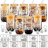 Maxcheck 27 Pcs Teacher Appreciation Gift Set Christmas Teacher Gift Bulk 9 Pcs 16oz Glass Cups with Lid Straw 9 Rainbow Makeup Bag 9 Keychain for Christmas(Classic Style)