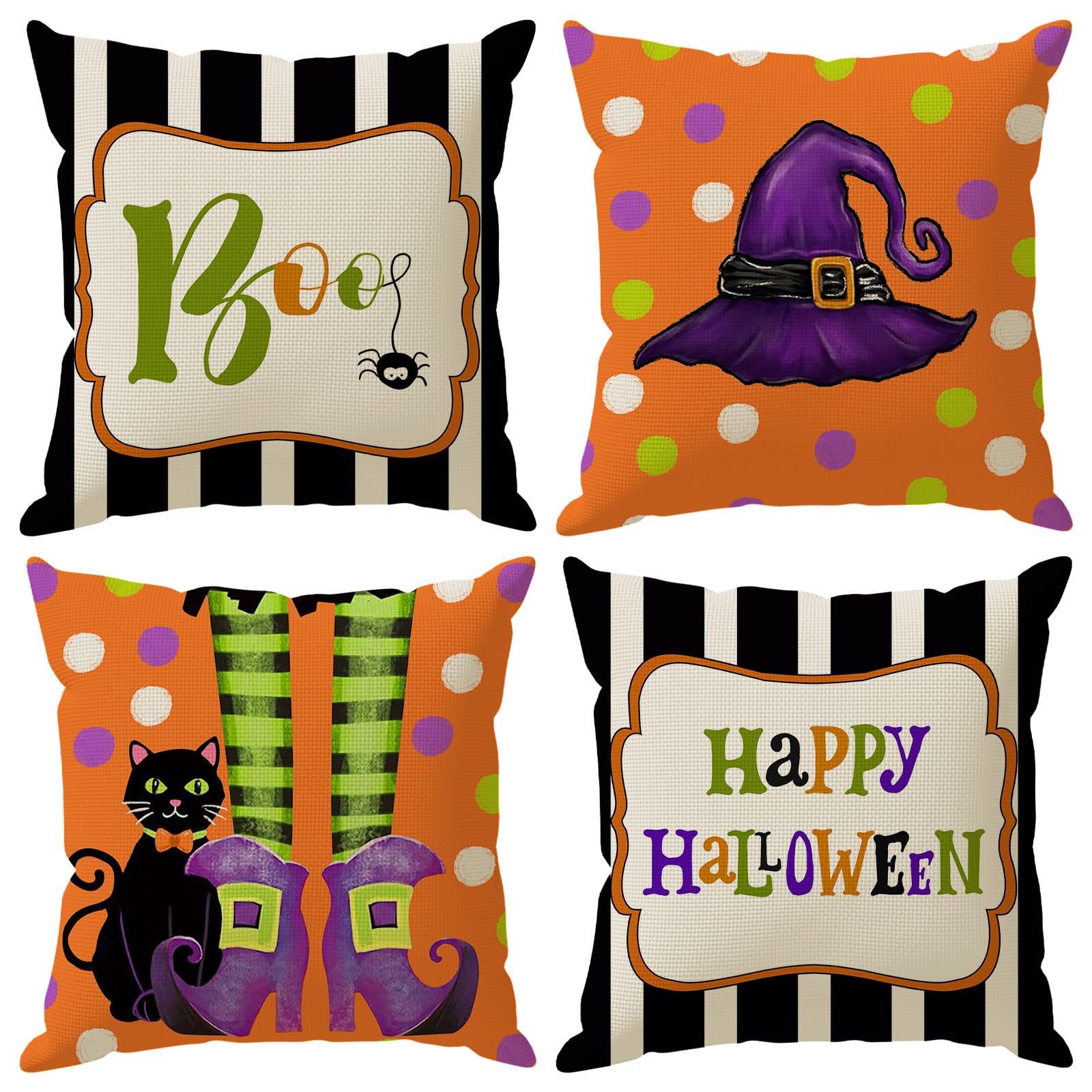 Photo 1 of ZAEW Happy Halloween Pillow Covers Boo Witch Hat Cat Throw Pillow Cases Set of 4 Autumn Decorations for Farmhouse Home Bedroom Sofa Couch Outdoor Holiday Decor 16x16 Inch