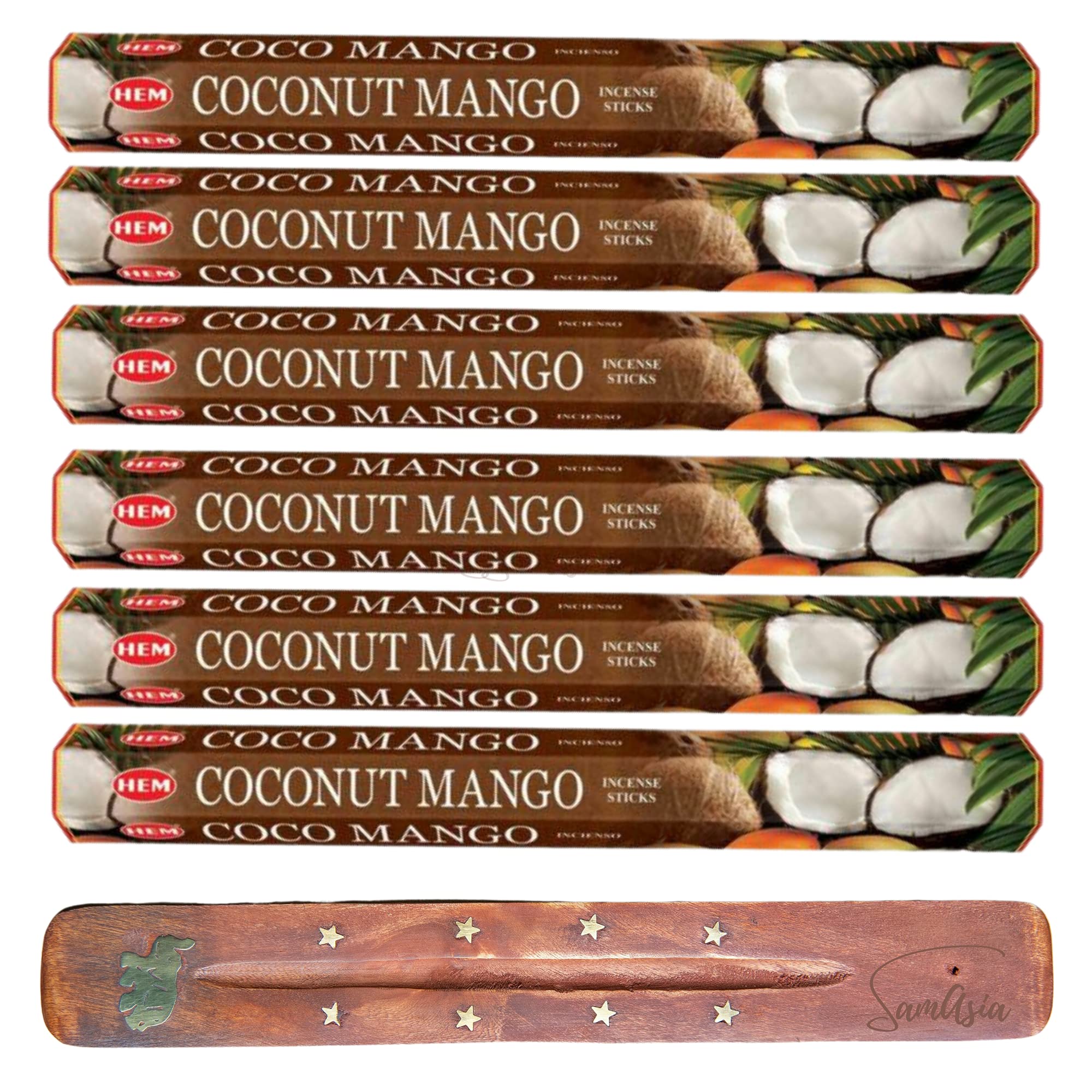 HEM Incense sticks COCONUT MANGO | Pack of 6 | with SAMASIA incense stick holder for Aromatherapy, Incense Spa, Yoga, Meditation, Healing, Spirituality and Relaxation