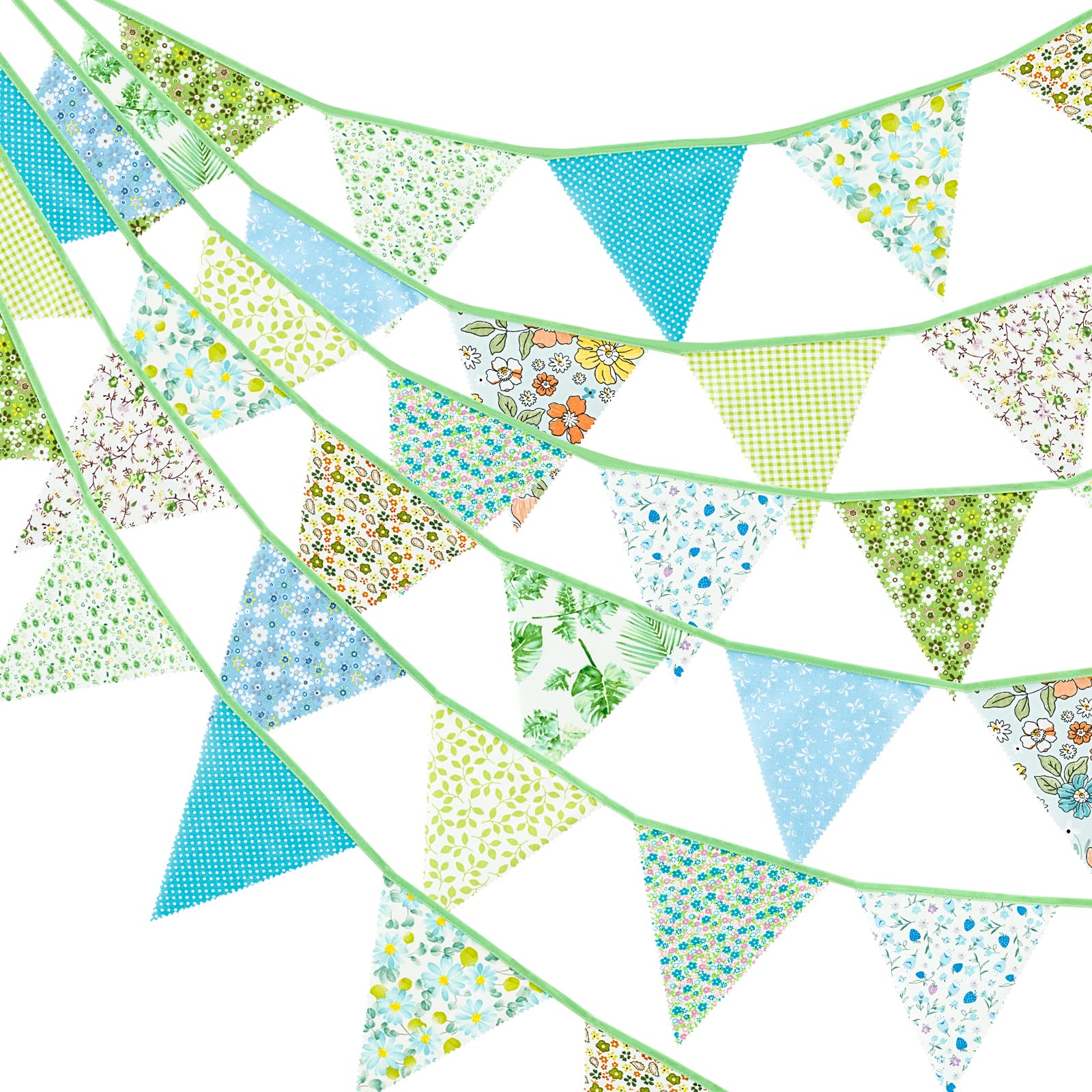 G2PLUS 12M Green Floral Bunting, 42PCS Spring Fabric Bunting Garland, 19x21CM Large Reusable Cotton Triangle Banner for Garden Tea Wedding Baby Shower Birthday Parties — image 1